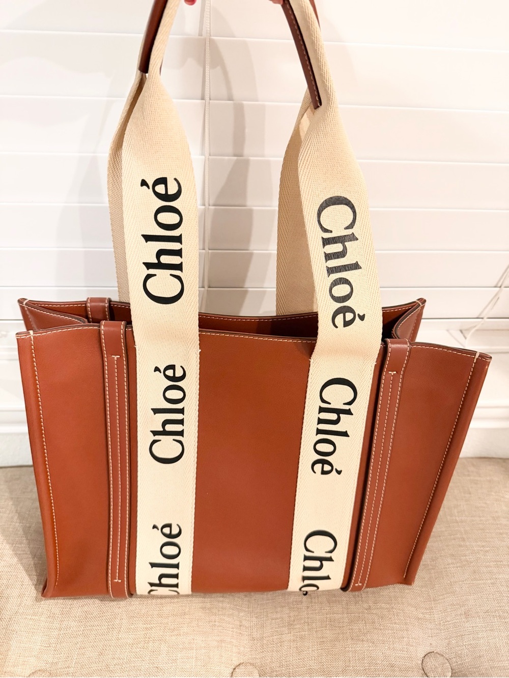 Chloé Tan Leather Tote with Cream Branded Straps